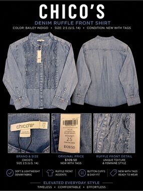 Chico's Bailey Indigo Ruffle Denim Shirt